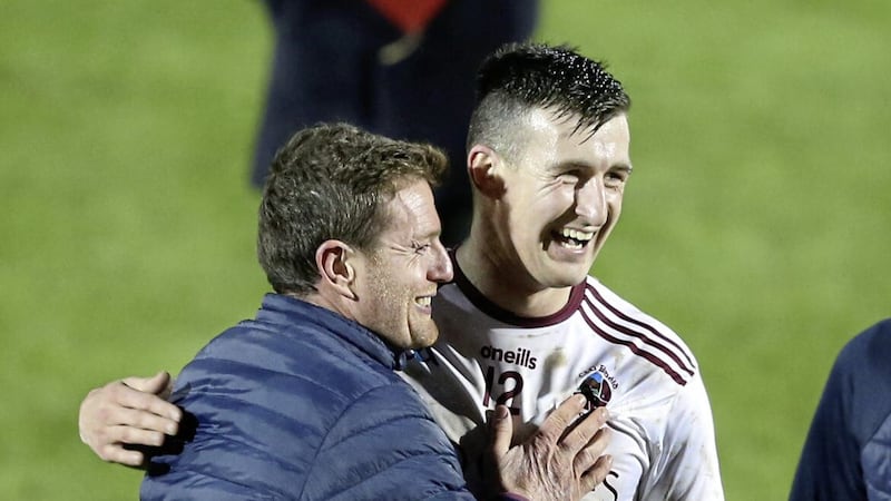 Meehaul McGrath (right) played a central part in Saturday&rsquo;s reserve outing for Slaughtneil as he continues his comeback from injury, but manager Paul Bradley (left) isn&#39;t banking on the dual star being ready to feature in their final Derry SFC group game against Ballinderry Picture: Margaret McLaughlin 