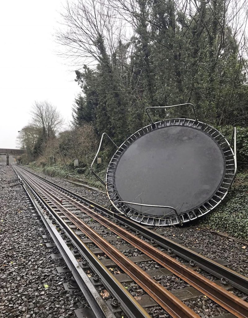 Network Rail Kent and Sussex handout photo of a trampoline near Bickley on the Victoria/Chatham main line, as Storm Ciara hits the UK. PA Photo