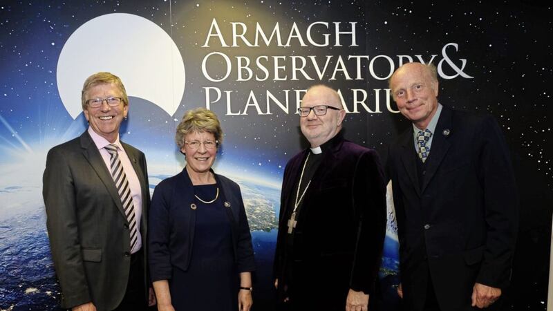 John Briggs, Chair Management Committee AOP; Dame Jocelyn Bell-Burnell; Archbishop Richard Clarke and Professor Michael Burton, Director AOP. Picture by Liam McArdle 