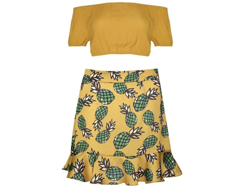 Glamorous&nbsp;Mustard Crepe Bardot Top, &pound;18; Yellow Pineapple Print Frill Hem Skirt, &pound;22, Glamorous 