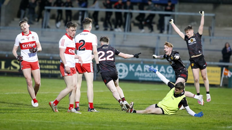 Super-sub Jamie Doran wheels away in celebration after scoring the second Down's two late goals to sink Derry in the Ulster U20 final. Picture by Philip Walsh