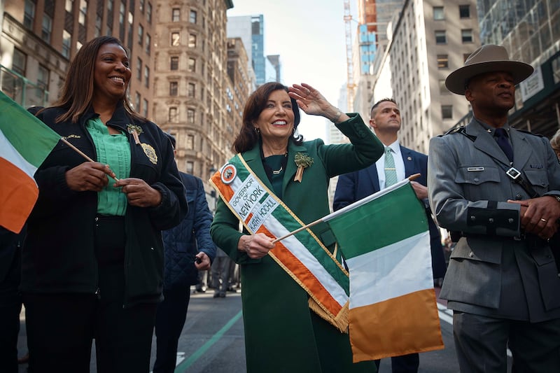 Attorney General of New York, Letitia James, left, and New York Governor Kathy Hochul, march during the city parade (AP)