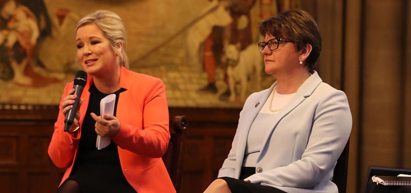 DUP leader Arlene Foster and Sinn F&eacute;in's leader in the north Michelle O'Neill attend the Ulster fry breakfast at Manchester Town Hall during the Conservative Party Conference at the Manchester Central Convention Complex &nbsp;