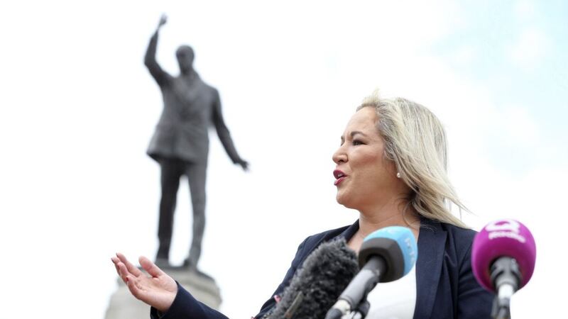 Sinn F&eacute;in&#39;s Michelle O&#39;Neill with the statute of Edward Carson in the background at Parliament Buildings, Stormont. Picture by Mal McCann 