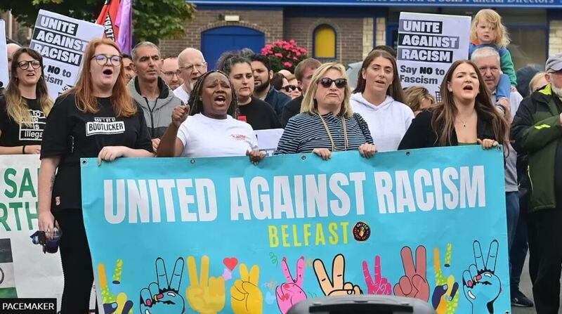 An anti-fascist, anti-racist rally was held in Dunmurry on Saturday. BBC