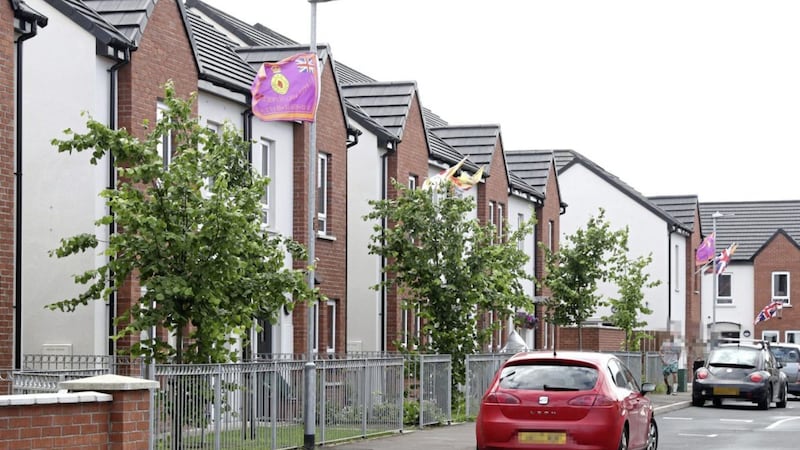 UVF flags seen last year in what was supposed to be a mixed housing development in the Ravenhill Road area of south Belfast 