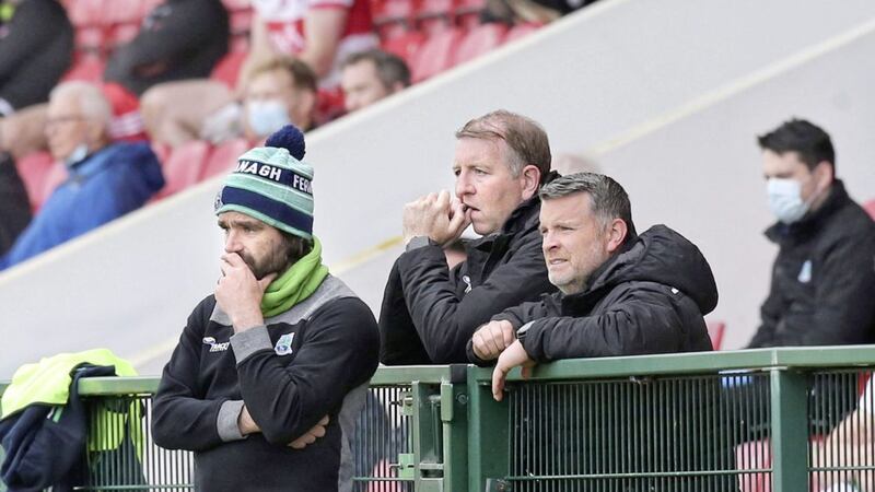 Fermanagh manager Ryan McMenamin with coaching team members Ronan Gallagher and Paul McIver Picture: Margaret McLaughlin. 