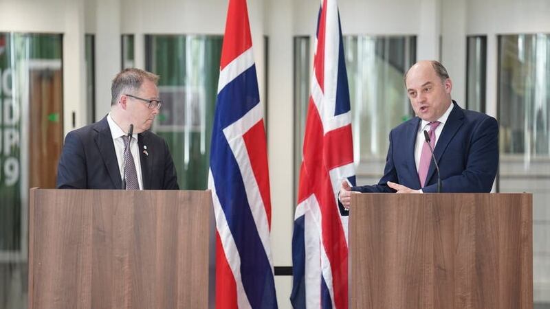 Defence Secretary Ben Wallace during a press conference with Norwegian defence minister Bjorn Arild Gram (James Manning/PA)