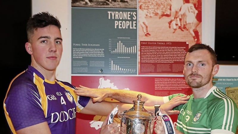 Derrygonnelly&#39;s Stephen McGullion and James Laverty of Cargin at the Ulster Club SFC launch. Pic: Jim Dunne 