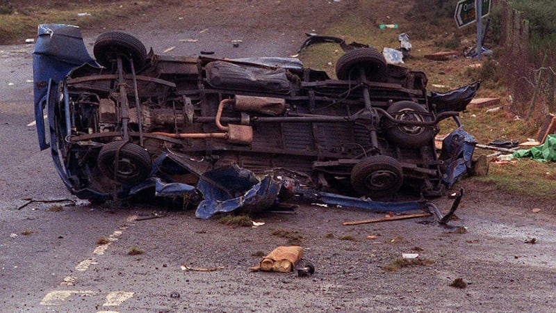 The remains of the van in which eight Protestant workmen were killed in an IRA landmine explosion at Teebane January 1992.  