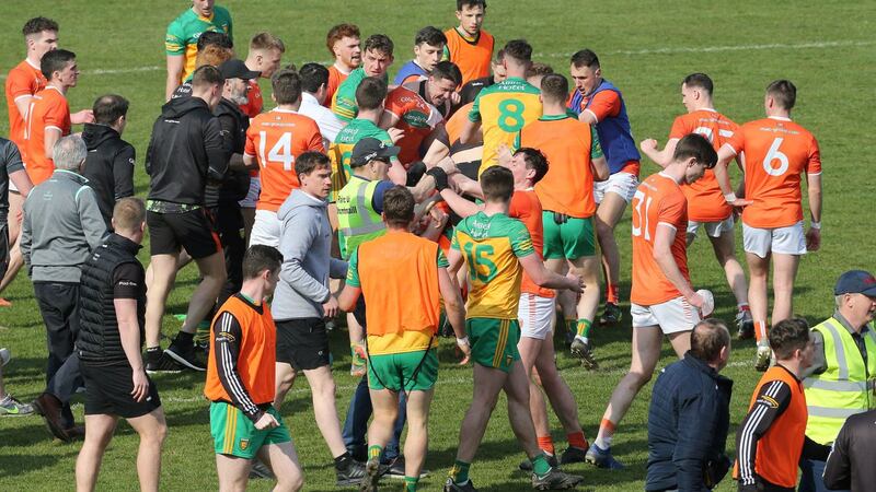 The GAA faces a challenge in how it prevents outbreaks like the one seen at the end of the recent Allianz Football League match between Donegal and Armagh  Picture: Margaret McLaughlin&nbsp;