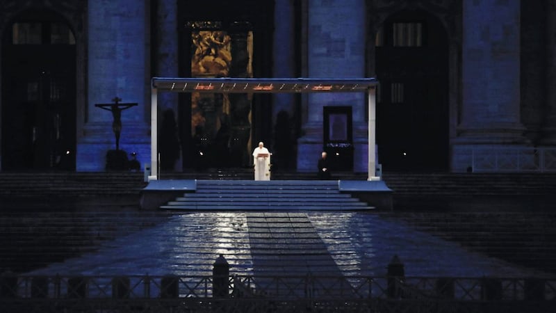 In one of the most striking images of the pandemic, Pope Francis delivered the Urbi and Orbi prayer in an empty St Peter&#39;s Square almost exactly two years ago, on March 27 2020. In a message for this Lent, the Pope says that the Covid crisis was a reminder that people cannot be self-sufficient and need the support of one another. Picture by AP Photo/Alessandra Tarantino. 