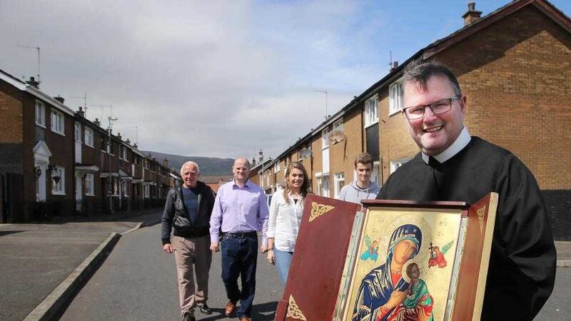 Fr Noel Kehoe will be taking to the the streets of west Belfast with the icon of Our Lady of Perpetual Help. Picture by Hugh Russell 