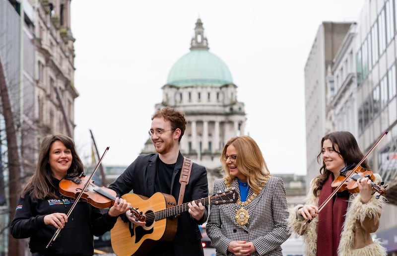 Belfast Lord Mayor Tina Black is joined by a group of musicians as the city counts down to this year’s St Patrick’s Day celebrations