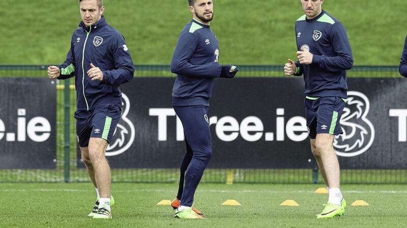 Republic of Ireland players Kevin Doyle, Shane Long and Stephen Ward pictured during a training session at the FAI National Training Centre, Dublin ahead of the World Cup qualifier against Wales. 