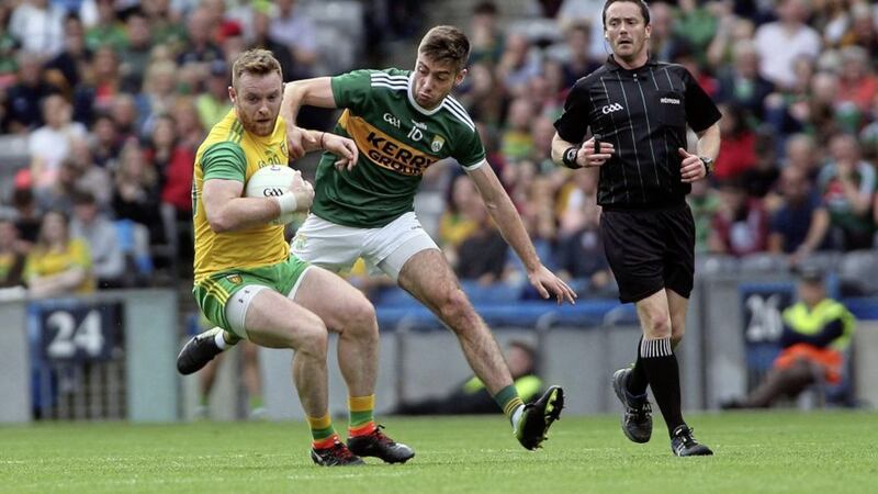 Donegal&#39;s Eamonn Doherty fends off Kerrys Adrian Spillane in the All-Ireland Senior Football Championship clash at Croke Park, Dublin on Sunday July 21 2019. Picture by Seamus Loughran. 
