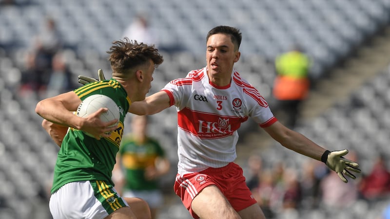 David Clifford scored 4-4 in Kerry's 2017 All-Ireland minor final win over Derry, while Conor McCluskey was withdrawn at half-time on a difficult day for the Magherafelt man. Picture by Sportsfile