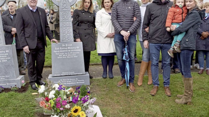 The family of Martin McGuinness stand by the new gravestone that was unveiled by Sinn F&eacute;in during the annual Easter Rising commemoration at Derry city cemetery. Picture by Margaret McLaughlin   