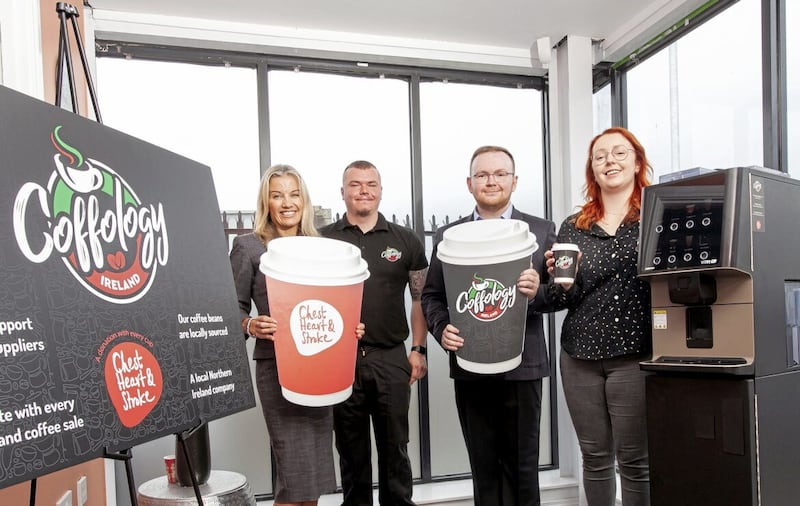Coffology, the new venture of water coolers and boilers provider AquAid Northern Ireland, has announce a charity partnership with Northern Ireland Chest Heart &amp; Stroke (NICHS). Funds raised through the partnership will go towards supporting the up to 470,000 people living with a chest, heart or stroke condition in Northern Ireland. Pictured: (L-R): Jackie Trainor, director of income generation at NICHS; Gareth Magee, senior engineer; Daniel Rafferty, director, and Claire Shannon, sales director from Coffology. 