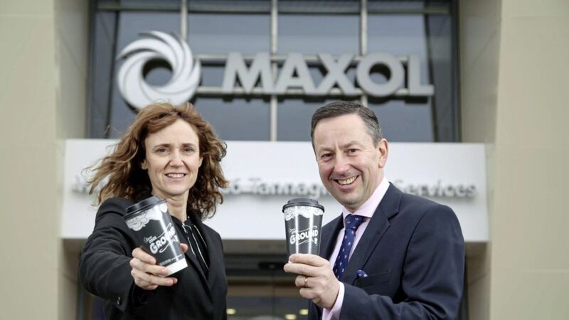 Announcing the Maxol-Ground Espresso Bars partnership are Brian Donaldson (Maxol chief executive) and Karen Gardiner (Ground Espresso Bars director). Photo: Darren Kidd/PressEye 