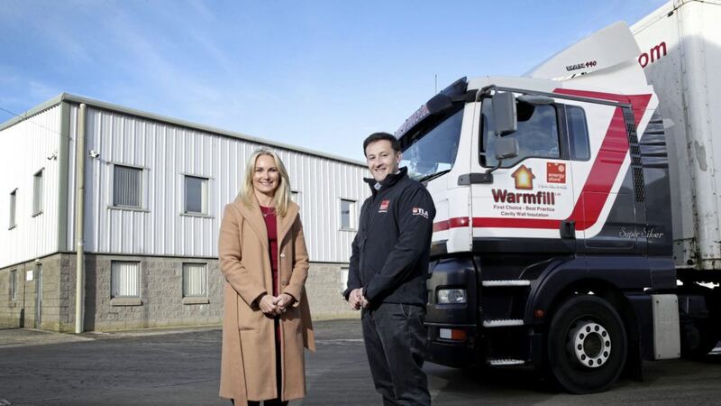 Conor McCandless, director UK operations at energystore, and Michelle Wilson, BUSINESS Manager at Danske Bank, at acquired WarmFill factory in Larne 