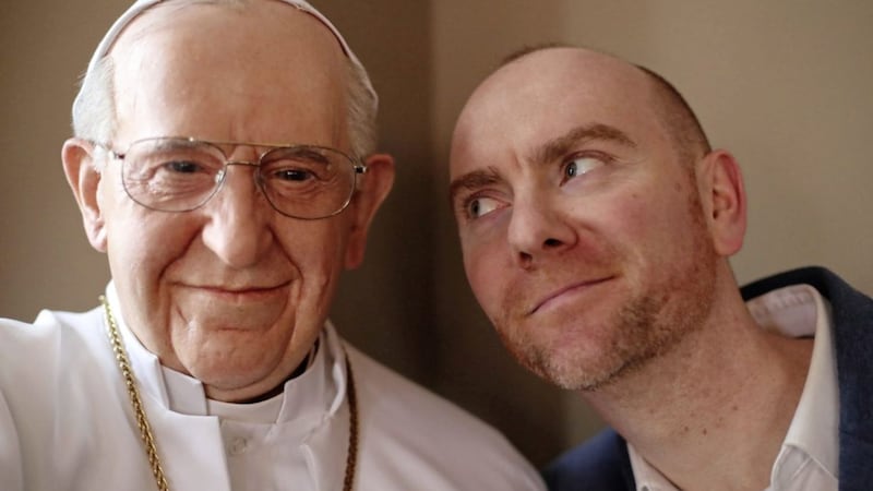 General manager of the National Wax Museum in Dublin Ed Coleman with a model of Pope Francis Picture by Niall Carson/PA 