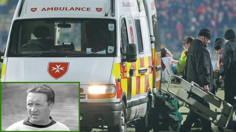 Stephen O&rsquo;Neill is taken into an ambulance after sustaining an elbow injury during the 2010 Dr McKenna Cup final against Donegal at Brewster Park, Enniskillen. The Tyrone attacker is likely to miss eight weeks of action
