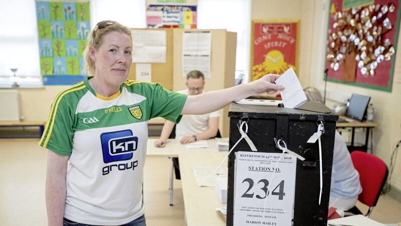 Marie O&#39;Donnell casts her vote at Scoil Mhuire Gan Smal Polling Station, Lifford, Co. Donegal 