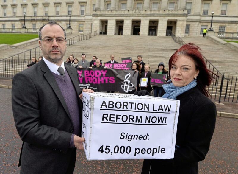 Patrick Corrigan, Amnesty International and Clare Bailey Green Party MLA handed in a 45,000 strong petition calling for abortion law reform last week. Picture by Colm Lenaghan/Pacemaker 