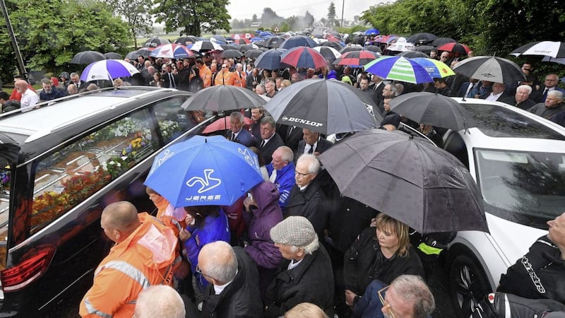 Thousands of mourners gathered in County Antrim for the funeral of road racer William Dunlop. The Ballymoney rider died after a crash during practice at the Skerries race meeting. Alan Lewis - Photopress. Picture by Justin Kernoghan. 