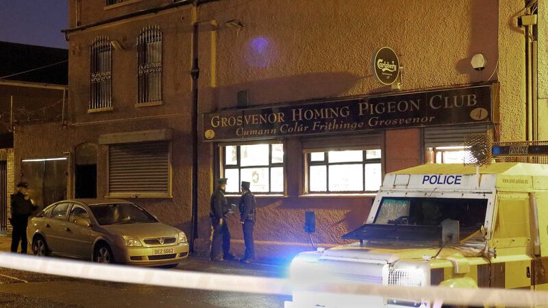 Police at the scene of a shooting at the Grosvenor Homing Pigeon Club in west Belfast. Picture by Cliff Donaldson&nbsp;
