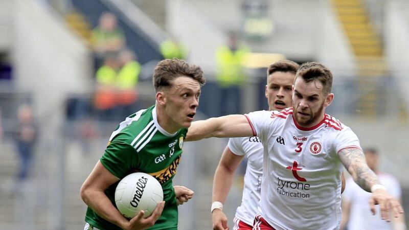 Tyrone&#39;s Ronan McNamee and Kerry&#39;s David Clifford during the 2019 All-Ireland semi-final. Padraig Hampsey could take over these man-marking duties on Saturday Picture: Philip Walsh 