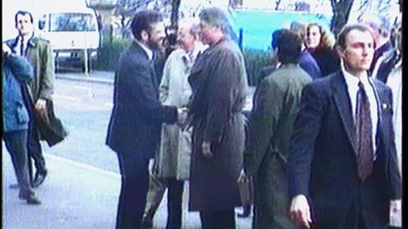 Bill Clinton visited Northern Ireland for the first time in 1995 and shook hands with Sinn Féin leader Gerry Adams when the two men met on the Falls Road