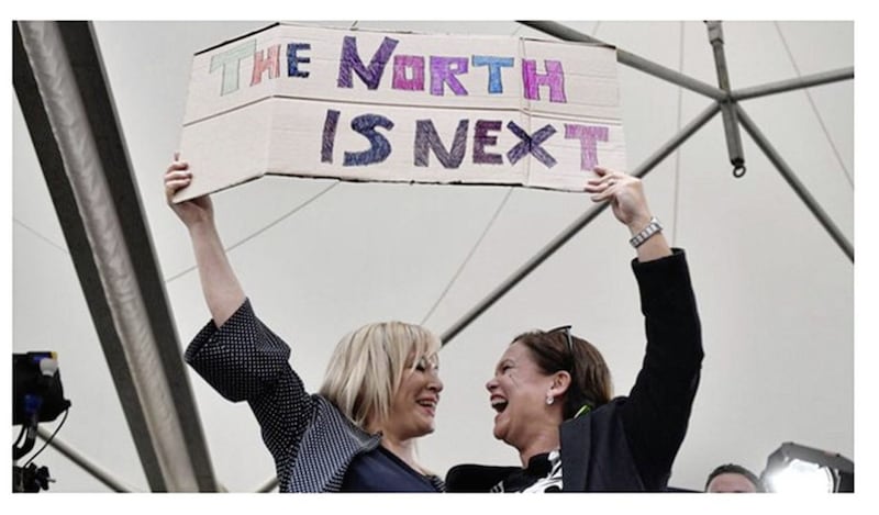 Sinn F&eacute;in deputy leader Michelle O&#39;Neill and party president Mary Lou McDonald celebrate the Yes campaign victory in the abortion referendum 