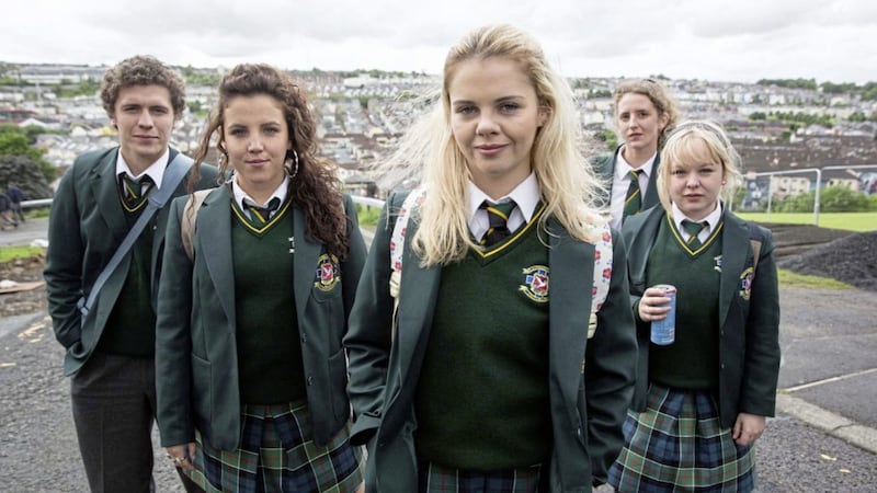 Derry girls, and the &quot;wee English fella&quot;, from left: James Maguire (Dylan Llewellyn), Michelle Mallon (Jamie-Lee O&#39;Donnell), Erin Quinn (Saoirse Jackson), Orla McCool (Louisa Harland) and Clare Devlin (Nicola Coughlan) 