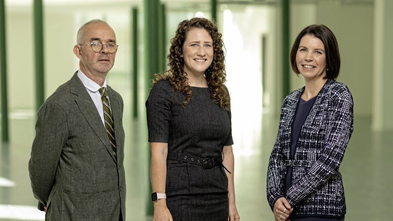 Launching the 2022 Fast 50 call for entries at Deloitte&rsquo;s new offices in Bedford Square (L-R): Stuart Harvey from Datactics, Laura Haldane from SciLeads and Aisl&eacute;an Nicholson, Fast 50 partner at Deloitte in Belfast. Both companies made it on to the 2021 Deloitte Technology Fast 50 list. 