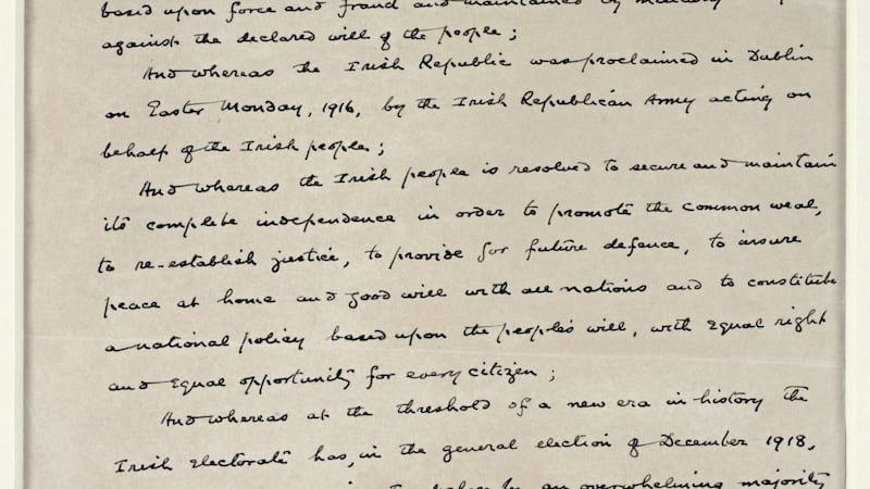 The Declaration of Independence, handwritten by &Eacute;amon de Valera on the stationery of the American Delegation of the Elected Government of the Republic of Ireland, Washington DC, and dated January 21, 1919. Images courtesy of the National Museum of Ireland. 