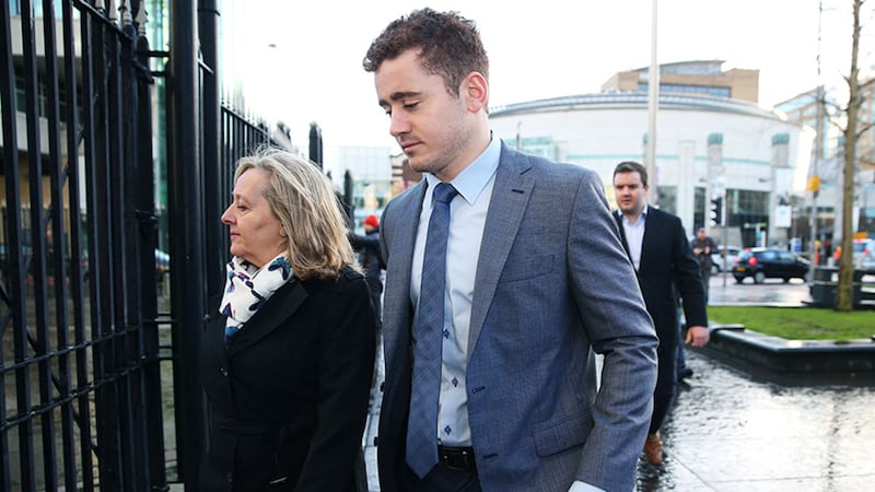 Ireland and Ulster rugby player Paddy Jackson arrives at Belfast Crown Court where he and his teammate Stuart Olding are on trial accused of raping a woman at a property in south Belfast in June 2016&nbsp;