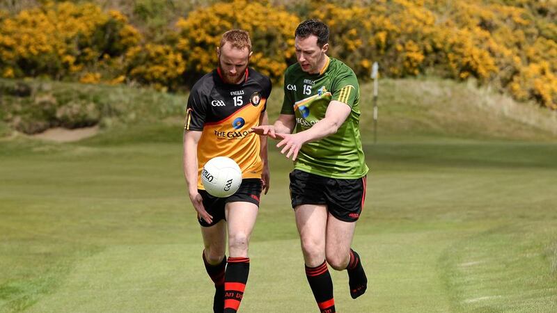 Former Down footballer Brendan Coulter (l) of the Ulster XV and former Dublin footballer Barry Cahill from the Rest of Ireland Select XV go through their paces ahead of The GAA Open at Newcastle, county Down on Monday, May 25<br />Picture: Sportsfile&nbsp;