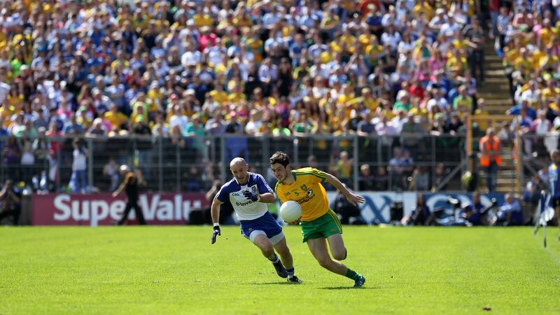 Donegal's Ryan McHugh in action against Monaghan's Stephen Gollogoly during last month's Ulster final&nbsp;