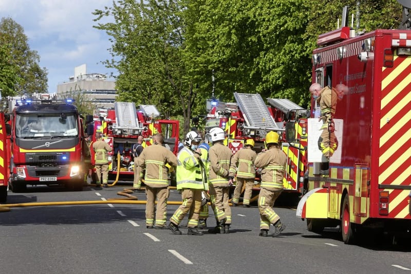 Police and fire service attend the scene of a fire at an appartment block on the Lisburn Road. Pictureby Mal McCann. 