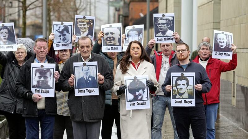 Families of the Ballymurphy massacre victims outside Laganside Court. Picture by Mal McCann. 