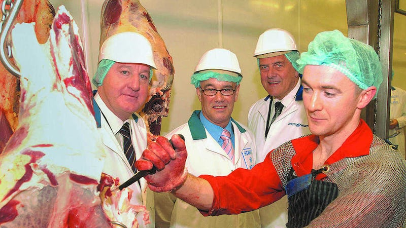 James Hewitt, managing director Hewitt Meats, Loughgall, pictured with Maynard Mawhinney, Invest NI Food Director; Jim Nicholson, MEP; and employee, Ciaran Molloy, at the opening of the company&#39;s new &pound;750,000 facility in 2008 