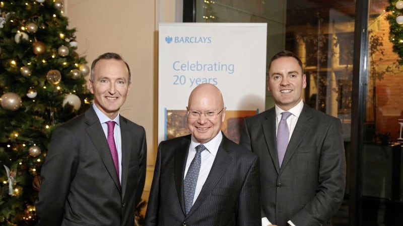Marking 20 years of Barclays in the north are (from left) Adrian Doran (head of corporate banking in Northern Ireland), Kevin Wall (chairman of Barclays Corporate Bank) and Jonathan Dobbin (head of wealth and investment management in Northern Ireland). Photo: Darren Kidd/Press Eye 