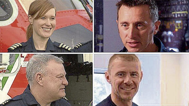 Clockwise from top left, Captain Dara Fitzpatrick, Captain Mark Duffy, winchman Ciaran Smith and winchman Paul Orsmby, the four crew of an Irish Coast Guard helicopter missing off the coast of Mayo 