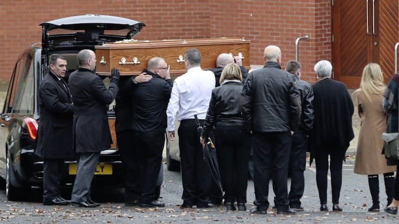 The coffin of Anne O&#39;Neill arrives at St Anne&#39;s Parish Church in Finaghy, Belfast, for her requiem mass. Picture by Niall Carson /PA Wire 