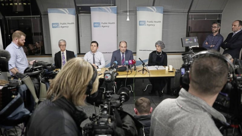 The Public Health Agency hold a press conference in Belfast last night following the first confirmed case of coronavirus in the north. (L-R) Dr Adrian Mairs, PHA, Dr Philip Veal, PHA,  Dr Michael McBride, Chief Medical Officer for Northern Ireland and Dr Miriam Mc Carthy, Health &amp; Social Care Board. Picture by Declan Roughan
