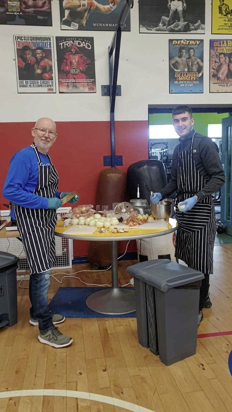 Monkstown coach Paul Johnston and Daryl Clarke prepare soup to be delivered to the community in the midst of the coronavirus crisis 