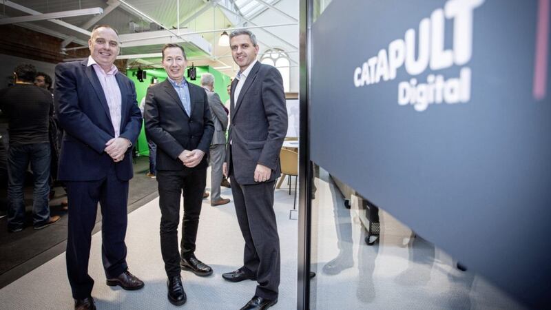 At the opening of the Digital Catapult NI immersive technology Lab are Ciaran McGarrity (Department for the Economy) with Digital Catapult NI&#39;s Dr Jeremy Silver (chief executive) and Adrian Johnston (director) 