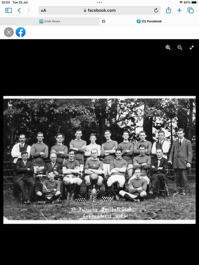 The 1891 trophy resurfaced in a photograph of the St Patrick's GAA football team from Derry's Waterside in 1921. 